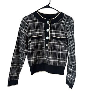 Zara TRF Black White Plaid Knit Sweater Top Button Front Crew Neck Small